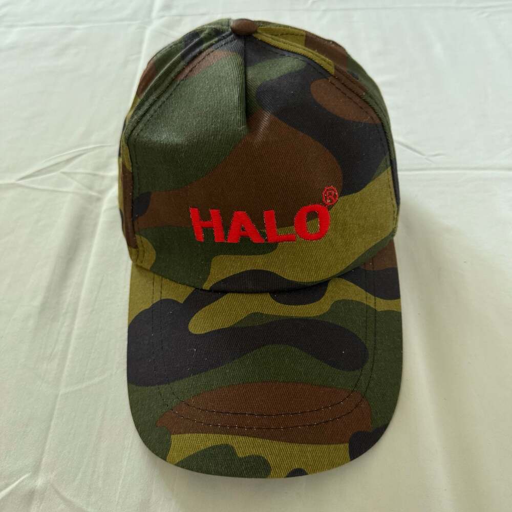 HALO Woodland Camouflage Baseball Cap Hat with Red Embroidered Logo